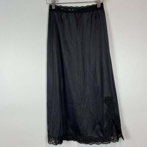 Vintage Vasserette Black Half Slip Size Small Lace Trim Slit Midi Length - Picture 1 of 8